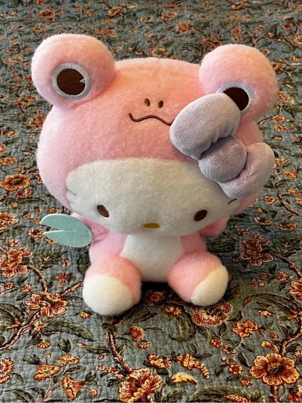 Sanrio Hello Kitty Pink Plush Toy Frog Suit with Purple Bow